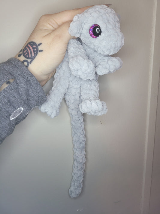 LuvKnotz Small Light Gray Baby Dragon Handmade Crochet - Soft Chenille Yarn, Approx. 14" Long, Pink Eyes, OOAK stuffed animals