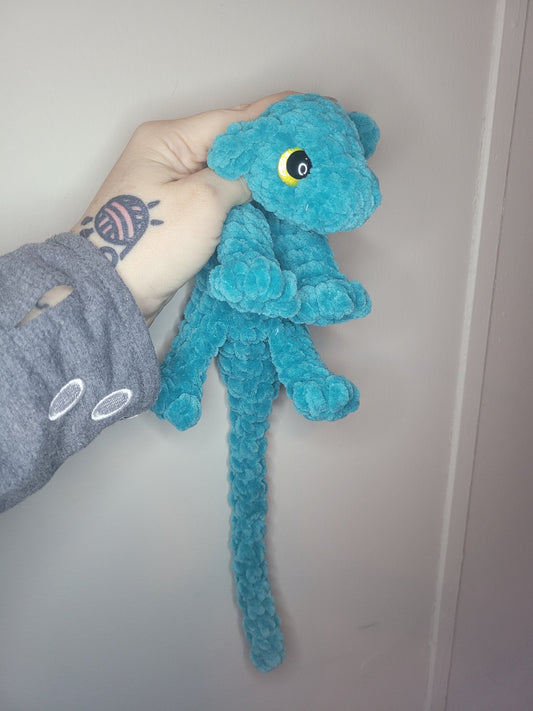 LuvKnotz Small Turquoise Baby Dragon Handmade Crochet - Soft Chenille Yarn, Approx. 14" Long, Green Eyes, OOAK stuffed animals