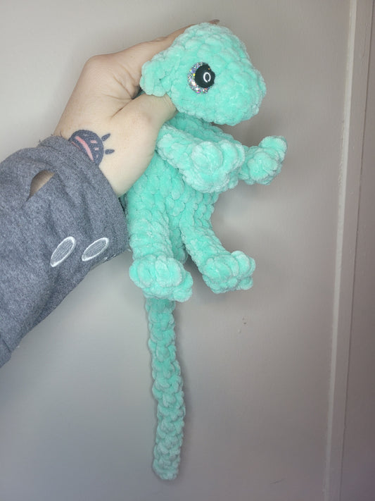 LuvKnotz Small Aqua Baby Dragon Handmade Crochet - Soft Chenille Yarn, Approx. 14" Long, Silver Eyes, OOAK stuffed animals
