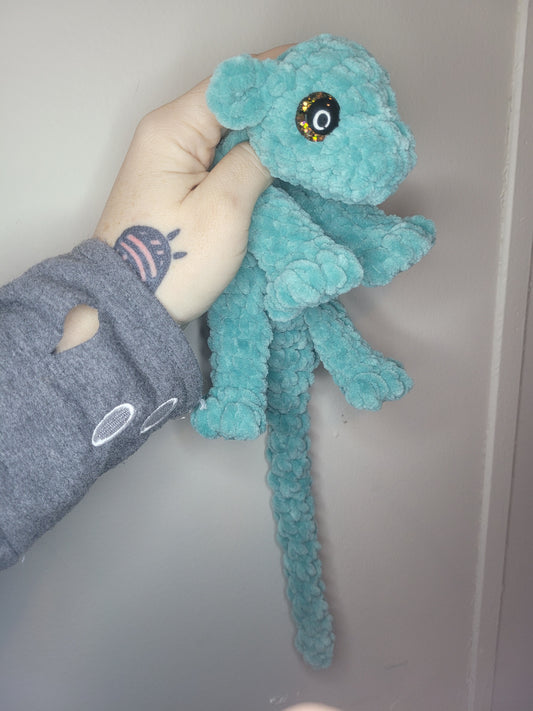 LuvKnotz Small Turquoise Baby Dragon Handmade Crochet - Soft Chenille Yarn, Approx. 14" Long, Orange Eyes, OOAK stuffed animals