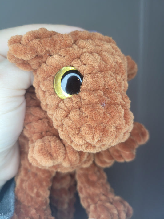 LuvKnotz Small Brown Baby Dragon Handmade Crochet - Soft Chenille Yarn, Approx. 14" Long, Gold Eyes, OOAK stuffed animals