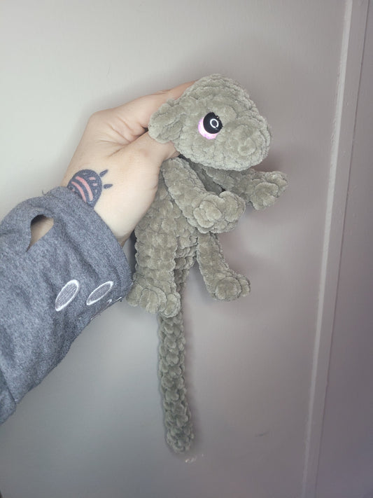 LuvKnotz Small Gray Baby Dragon Handmade Crochet - Soft Chenille Yarn, Approx. 14" Long, Pink Eyes, OOAK stuffed animals