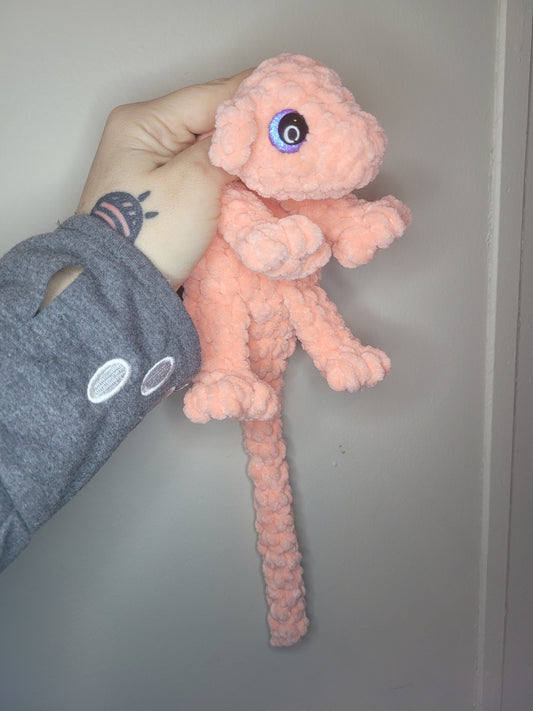 LuvKnotz Small Coral Baby Dragon Handmade Crochet - Soft Chenille Yarn, Approx. 14" Long, Purple Eyes, OOAK stuffed animals
