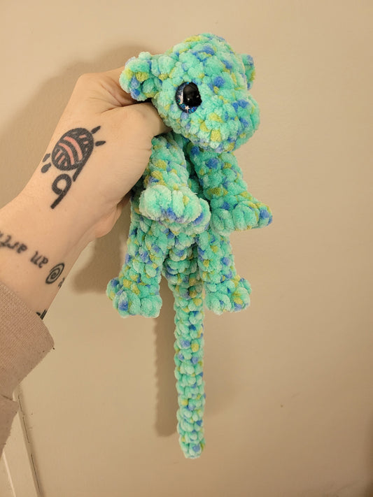 LuvKnotz Small Multi Aqua Baby Dragon Handmade Crochet - Soft Chenille Yarn, Approx. 14" Long, Blue Star Moon Eyes, OOAK stuffed animals