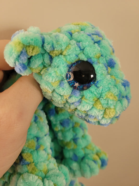 LuvKnotz Small Multi Aqua Baby Dragon Handmade Crochet - Soft Chenille Yarn, Approx. 14" Long, Blue Star Moon Eyes, OOAK stuffed animals