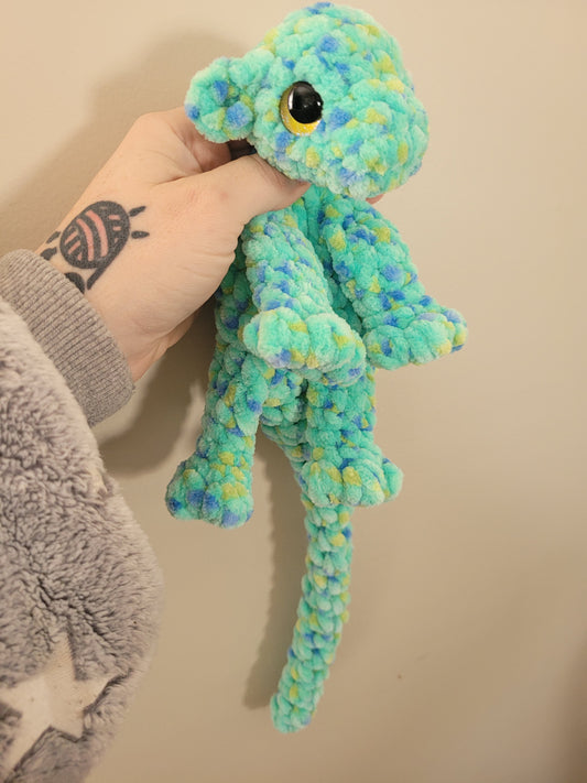 LuvKnotz Small Multi Aqua Baby Dragon Handmade Crochet - Soft Chenille Yarn, Approx. 14" Long, Green Eyes, OOAK stuffed animals
