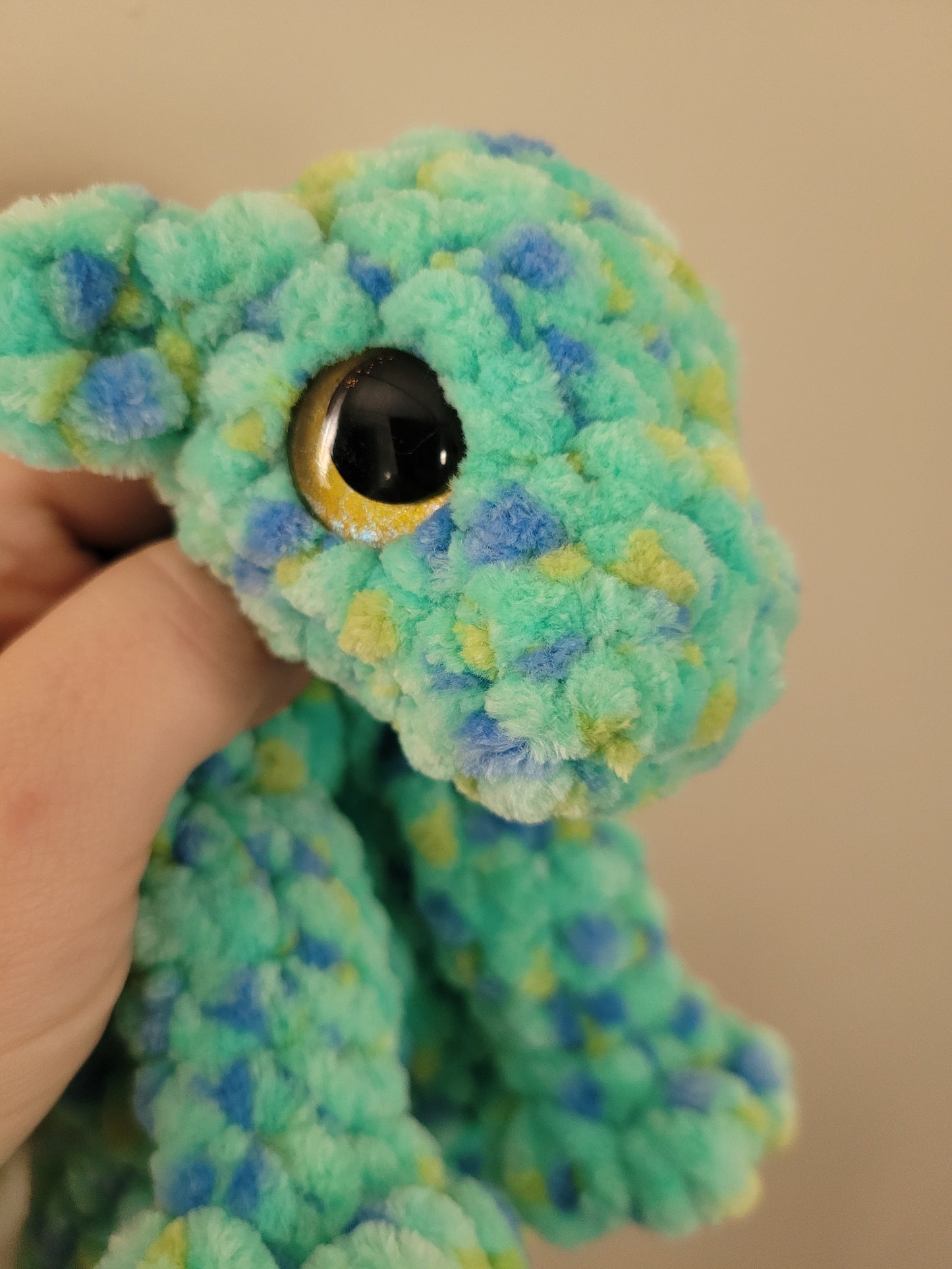 LuvKnotz Small Multi Aqua Baby Dragon Handmade Crochet - Soft Chenille Yarn, Approx. 14" Long, Green Eyes, OOAK stuffed animals
