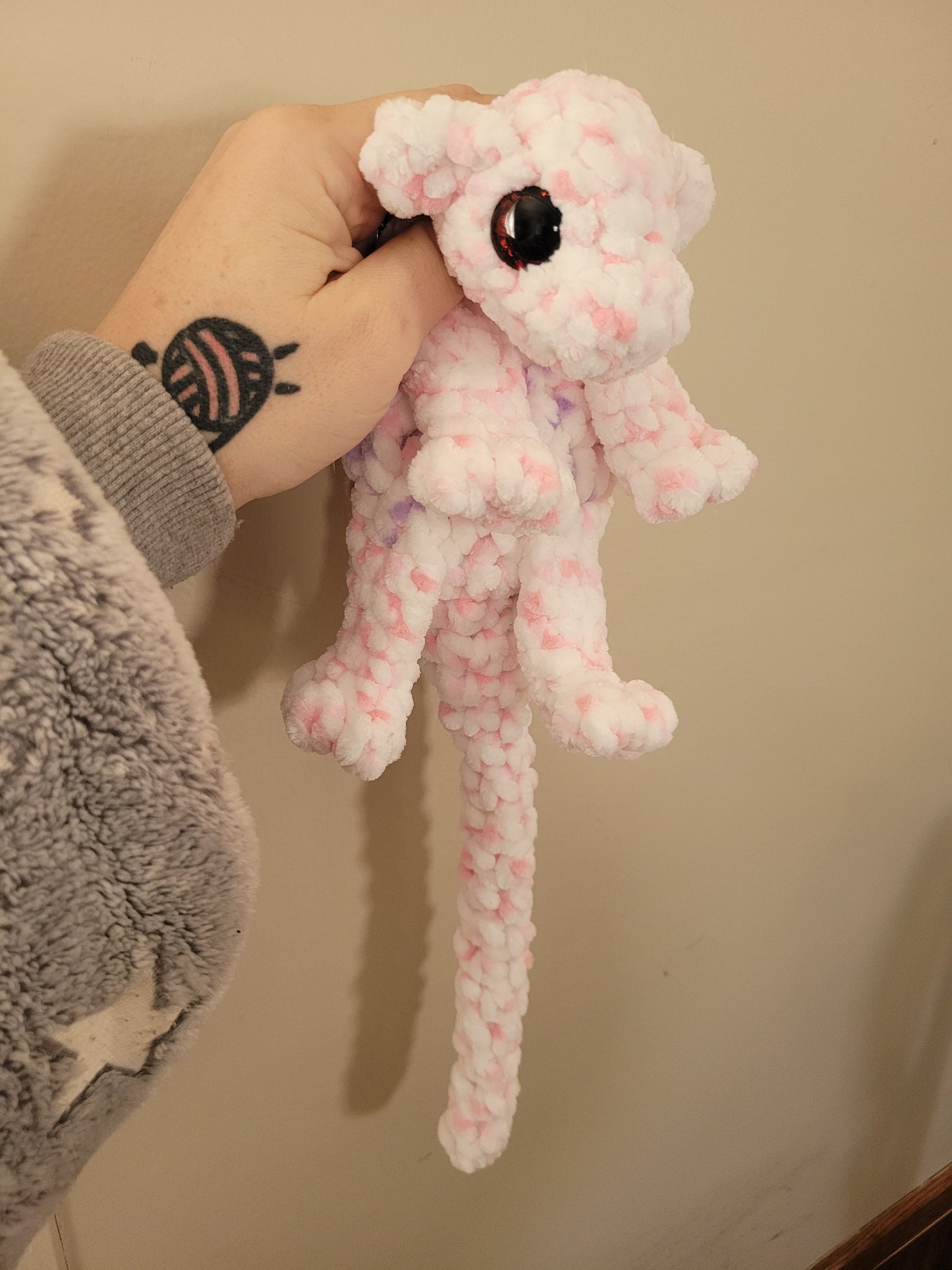 LuvKnotz Small Multi White Pink Purple Baby Dragon Handmade Crochet - Soft Chenille Yarn, Approx. 14" Long, Red Eyes, OOAK stuffed animals