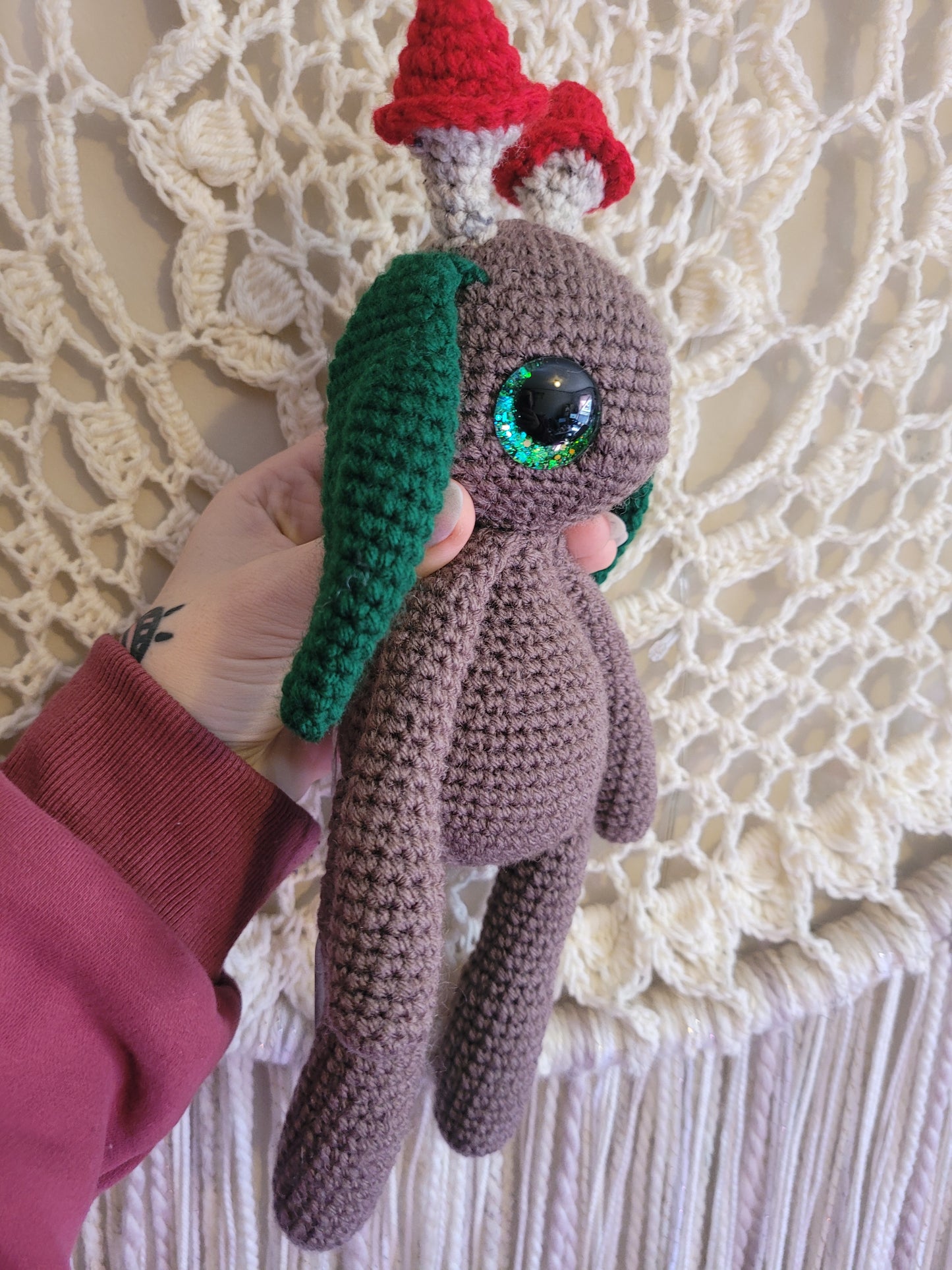 Large Brown Green Mushroom Sprite Mythical Creature - Unique Design for Stuffed Animal