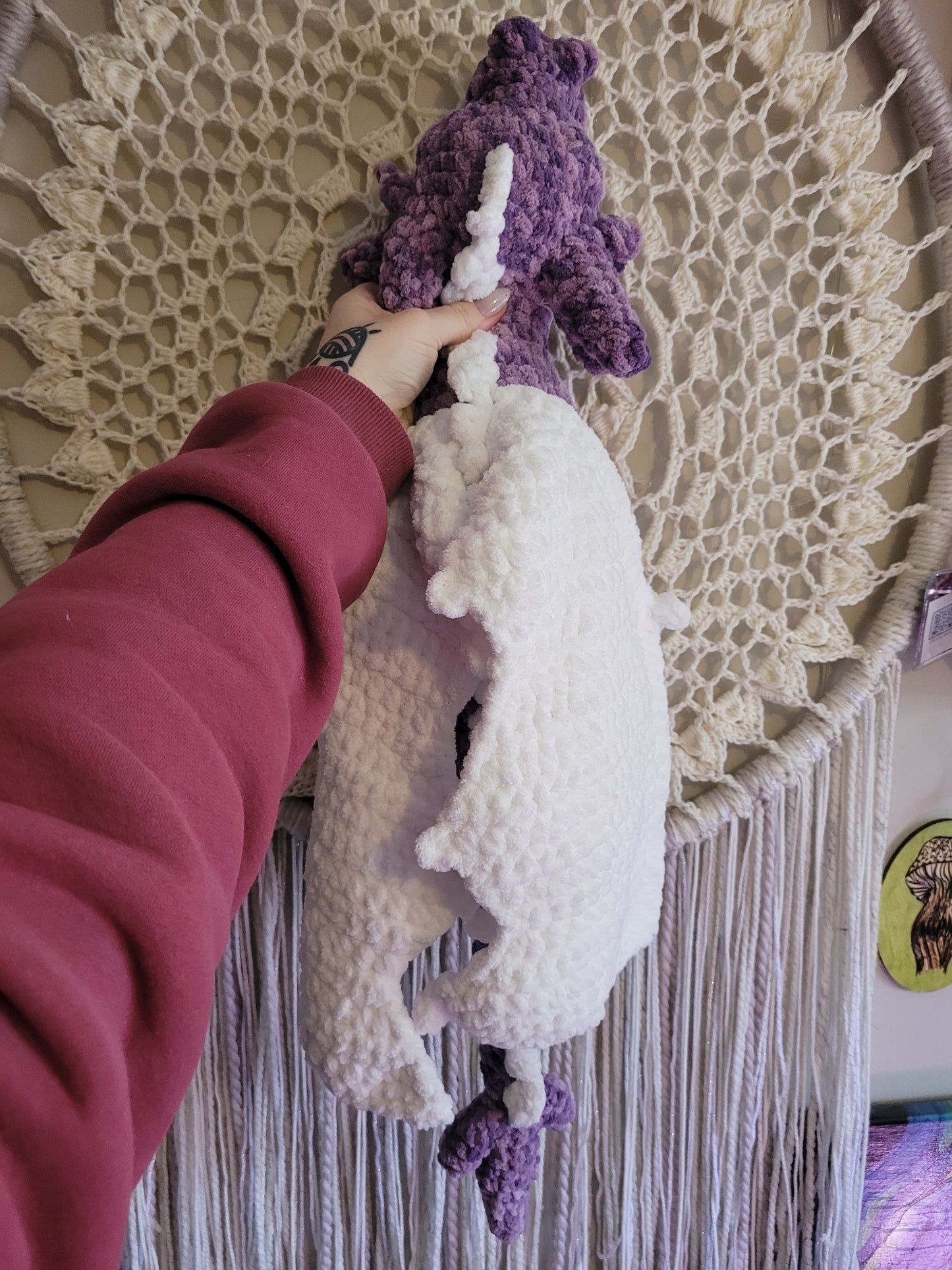 LuvKnotz Large Multi Purple White DAGGERTAIL Adult Dragon Handmade Crochet - Soft Chenille Yarn, Approx. 4' Long, Teal Star Eyes, OOAK stuffed animals