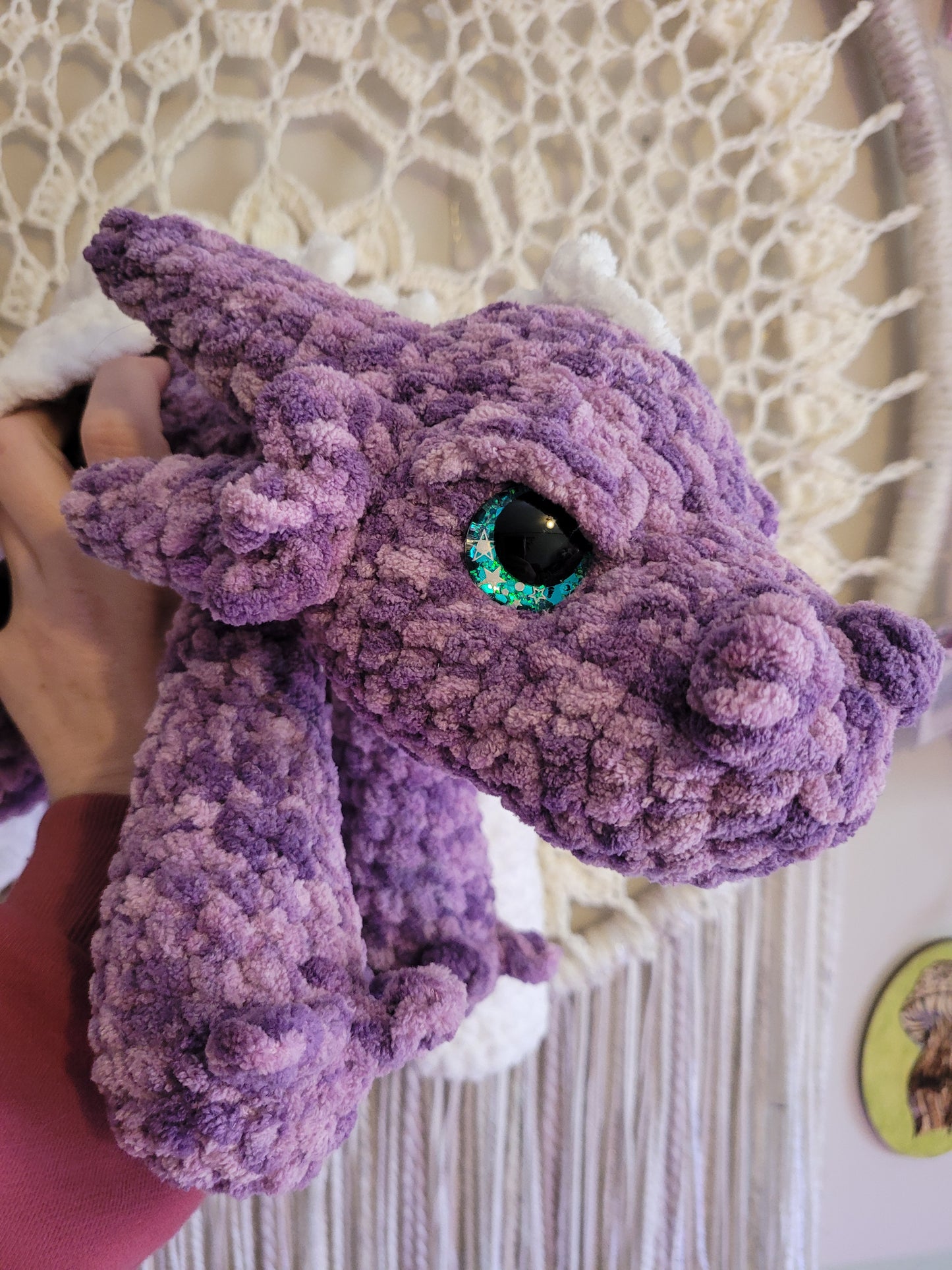 LuvKnotz Large Multi Purple White DAGGERTAIL Adult Dragon Handmade Crochet - Soft Chenille Yarn, Approx. 4' Long, Teal Star Eyes, OOAK stuffed animals