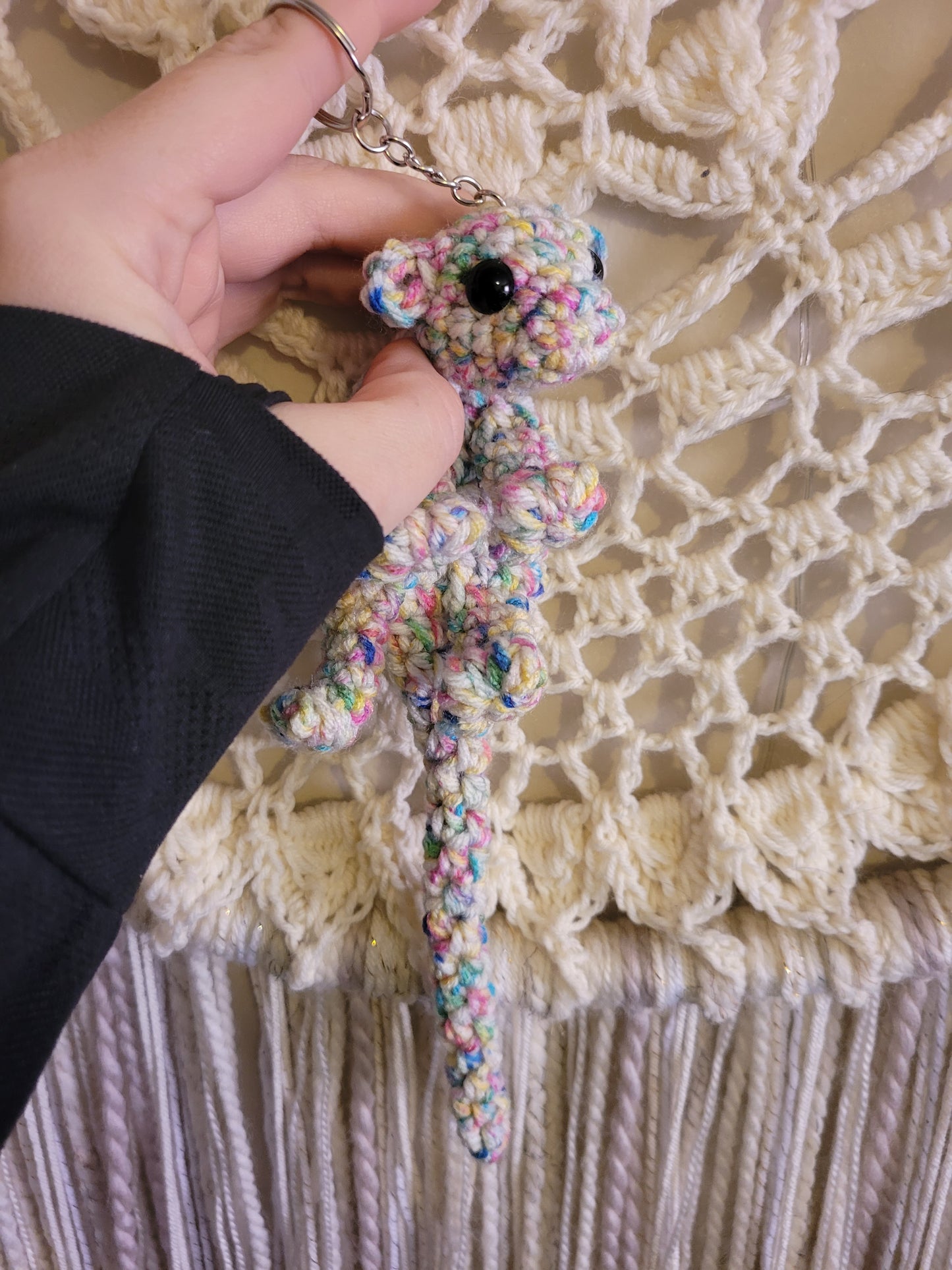 LuvKnotz Tiny Rainbow Keychain Baby Dragon Handmade Crochet - Soft Acrylic Yarn, Approx. 10" Long, OOAK stuffed animals