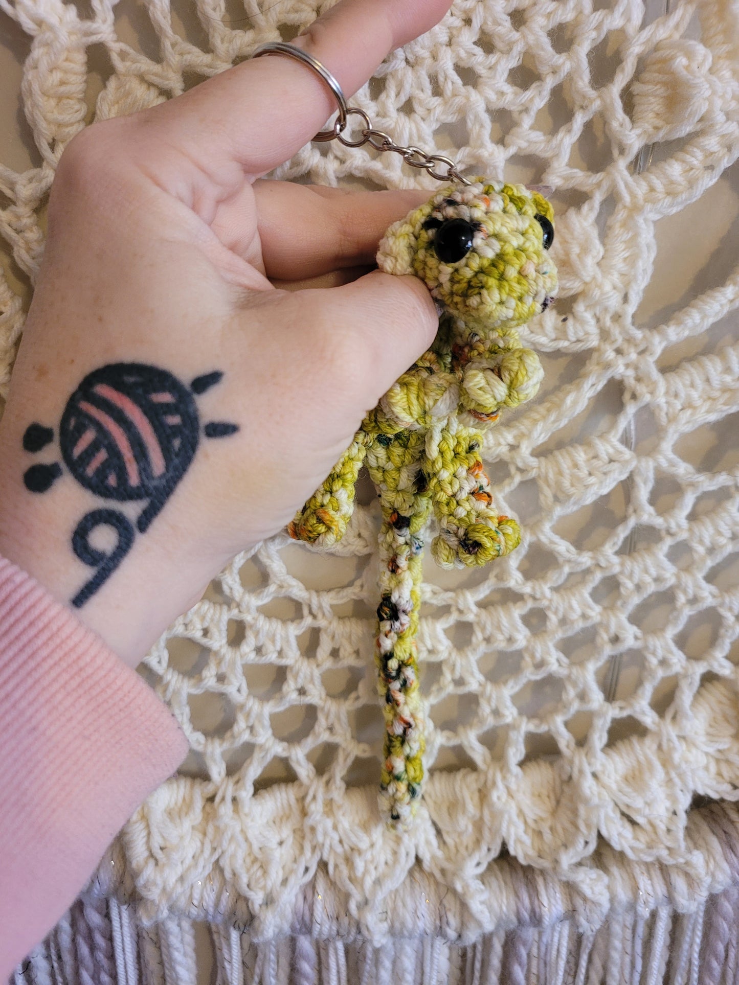 LuvKnotz Tiny Green OOAK Keychain Baby Dragon Handmade Crochet - Soft Acrylic Yarn, Approx. 10" Long, OOAK stuffed animals
