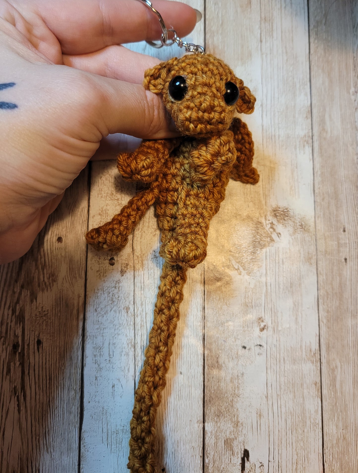 Andarna - LuvKnotz Tiny Golden OOAK Keychain Baby Dragon Handmade Crochet - Soft Acrylic Yarn, Approx. 10" Long, OOAK stuffed animals
