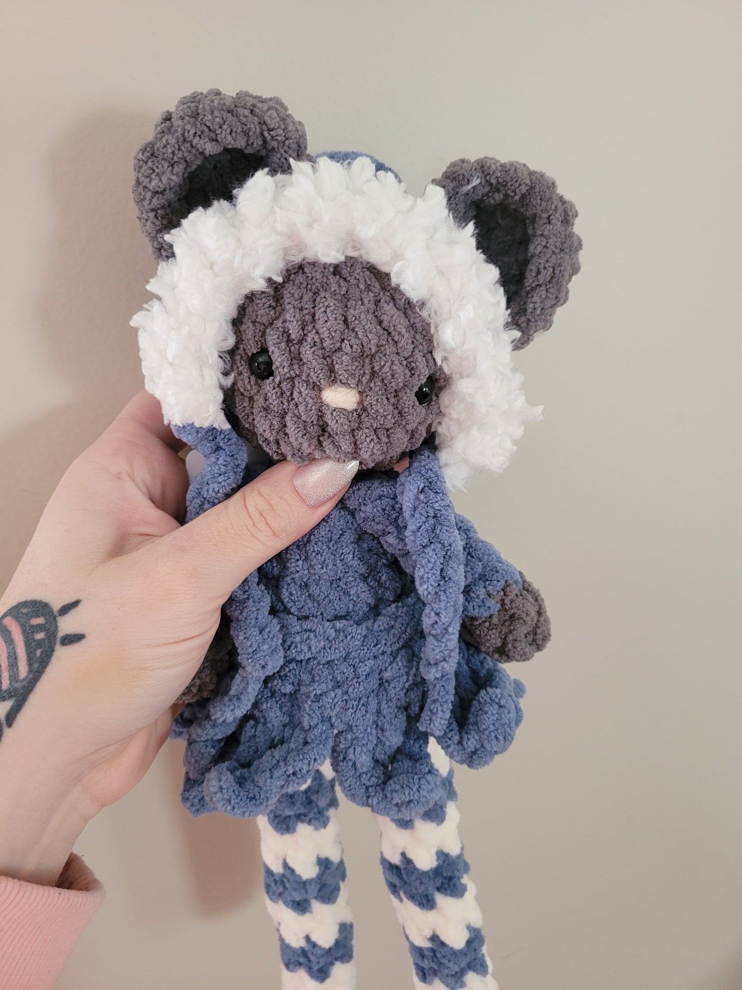 LuvKnotz Blue Dress Grey Mouse Lovie - Unique Design for Stuffed Animal - approx 14"