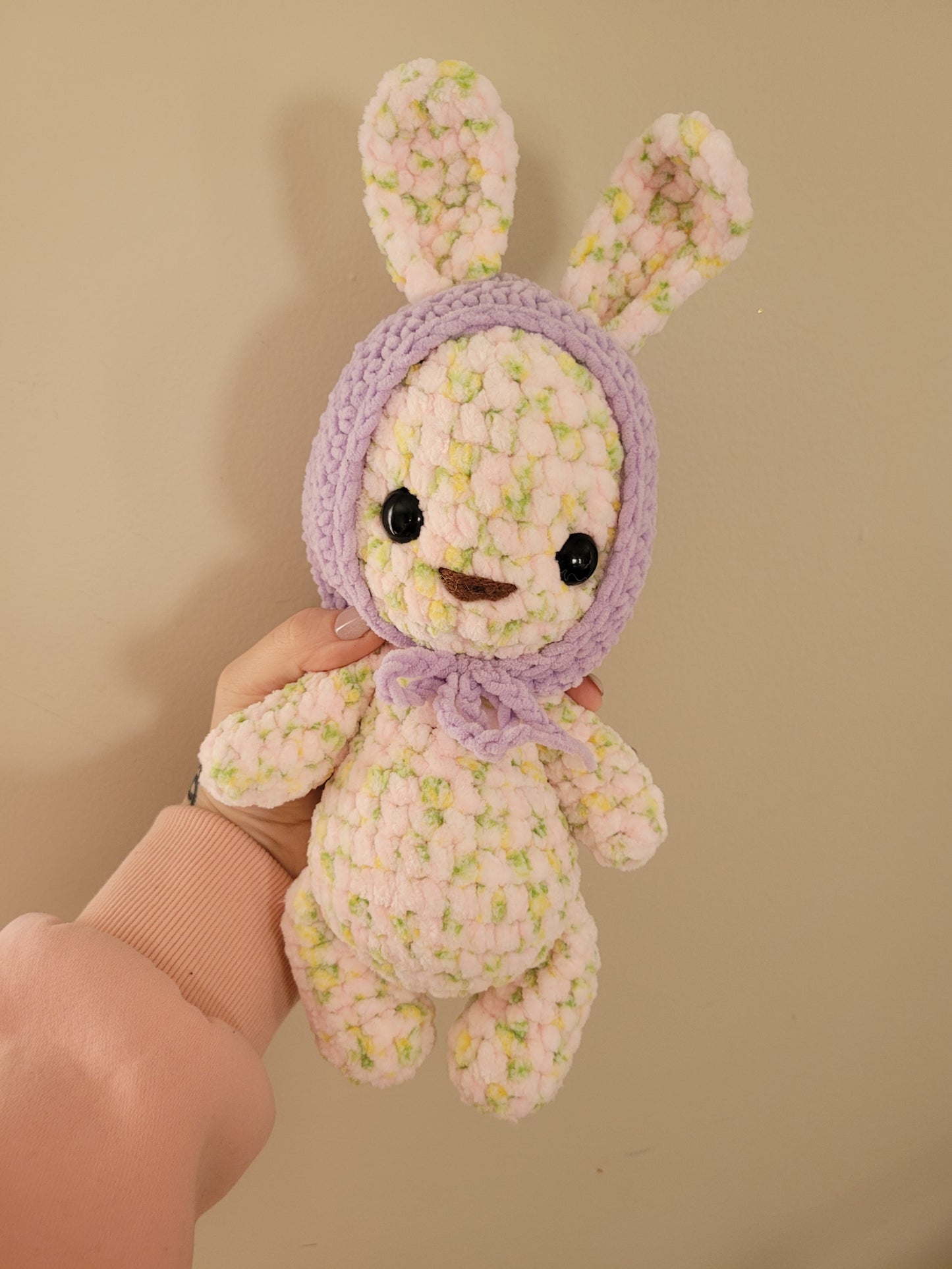 LuvKnotz Medium Pink Green Bunny Rabbit with Purple Bonnet - Unique Design for Stuffed Animal - approx. 12"