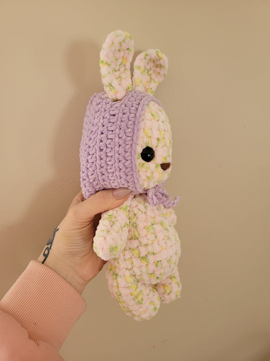 LuvKnotz Medium Pink Green Bunny Rabbit with Purple Bonnet - Unique Design for Stuffed Animal - approx. 12"