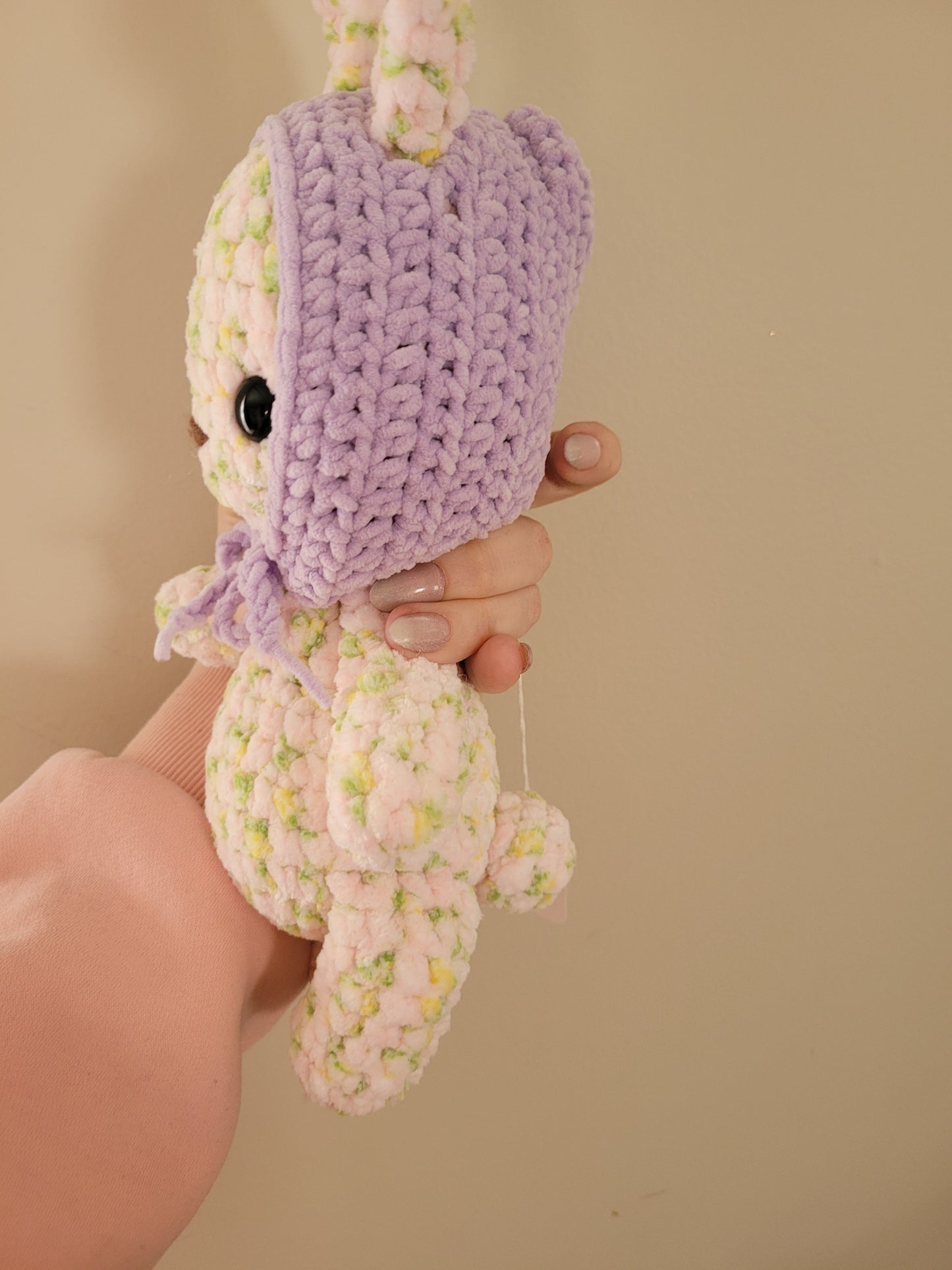 LuvKnotz Medium Pink Green Bunny Rabbit with Purple Bonnet - Unique Design for Stuffed Animal - approx. 12"
