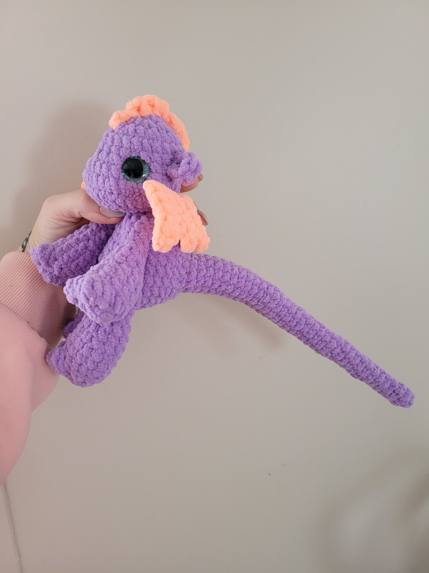 LuvKnotz Medium Purple Coral Dragon Handmade Crochet - Soft Chenille Yarn, Approx. 20" Long, Silver Glitter Eyes, OOAK stuffed animals