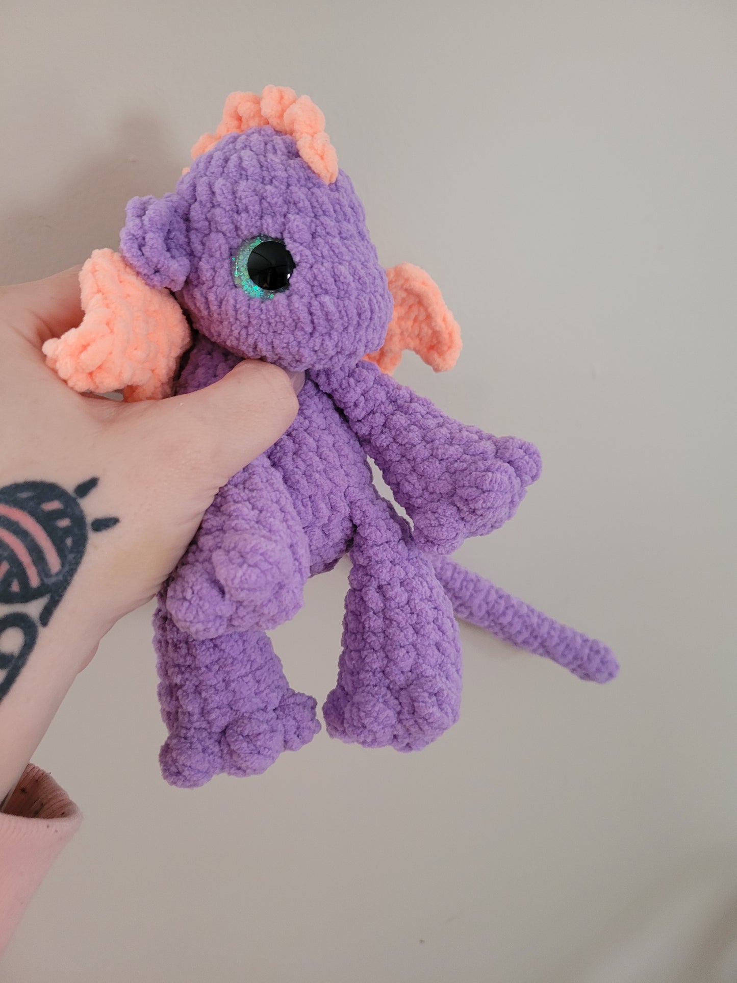 LuvKnotz Medium Purple Coral Dragon Handmade Crochet - Soft Chenille Yarn, Approx. 20" Long, Silver Glitter Eyes, OOAK stuffed animals
