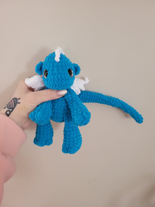 LuvKnotz Medium Blue White Dragon Handmade Crochet - Soft Chenille Yarn, Approx. 20" Long, Silver Glitter Eyes, OOAK stuffed animals