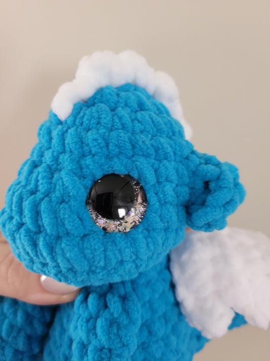 LuvKnotz Medium Blue White Dragon Handmade Crochet - Soft Chenille Yarn, Approx. 20" Long, Silver Glitter Eyes, OOAK stuffed animals