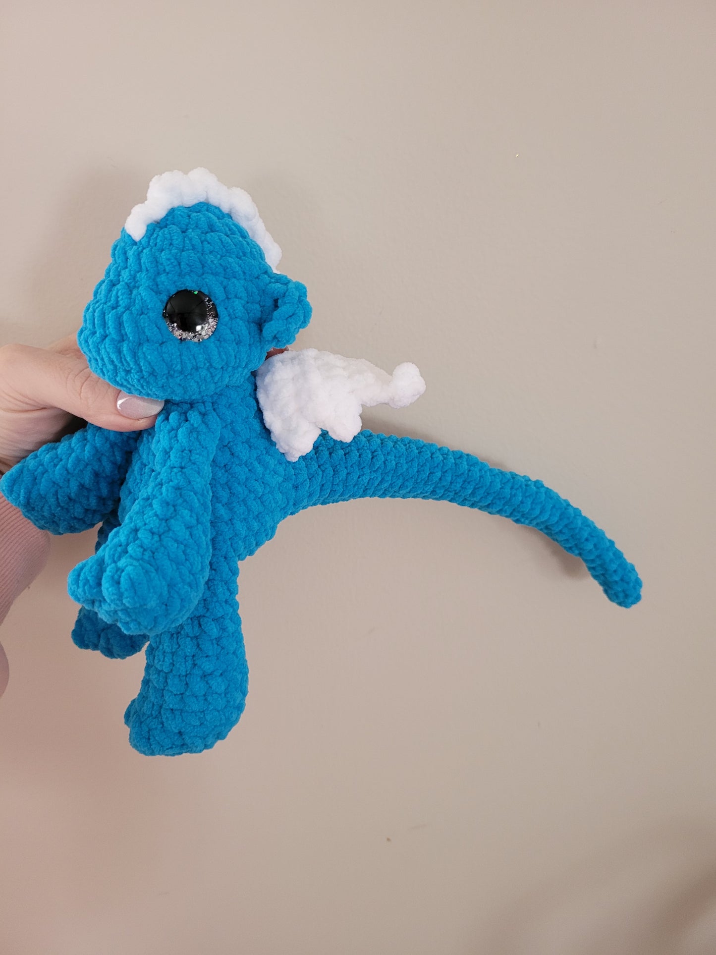 LuvKnotz Medium Blue White Dragon Handmade Crochet - Soft Chenille Yarn, Approx. 20" Long, Silver Glitter Eyes, OOAK stuffed animals
