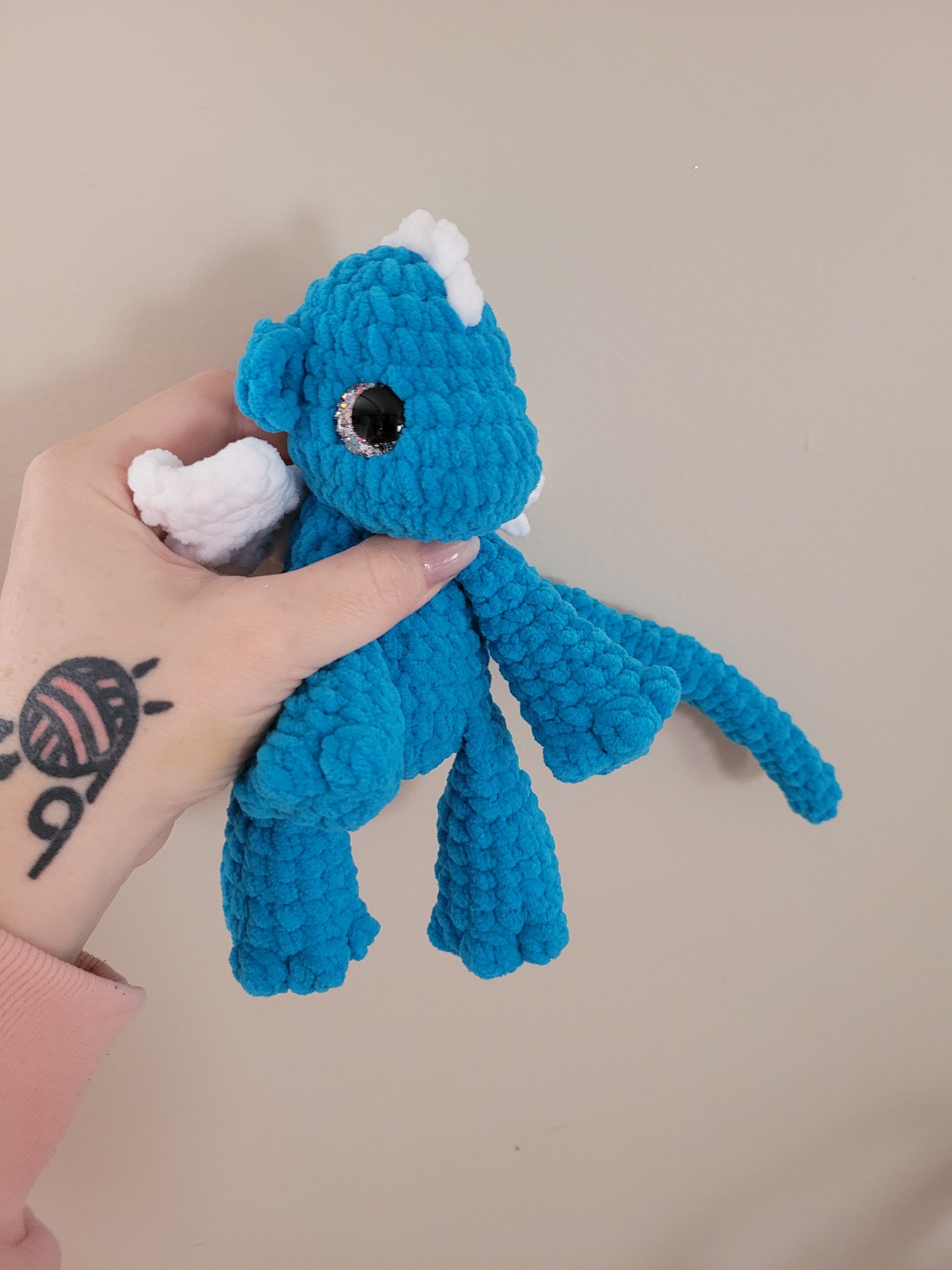LuvKnotz Medium Blue White Dragon Handmade Crochet - Soft Chenille Yarn, Approx. 20" Long, Silver Glitter Eyes, OOAK stuffed animals