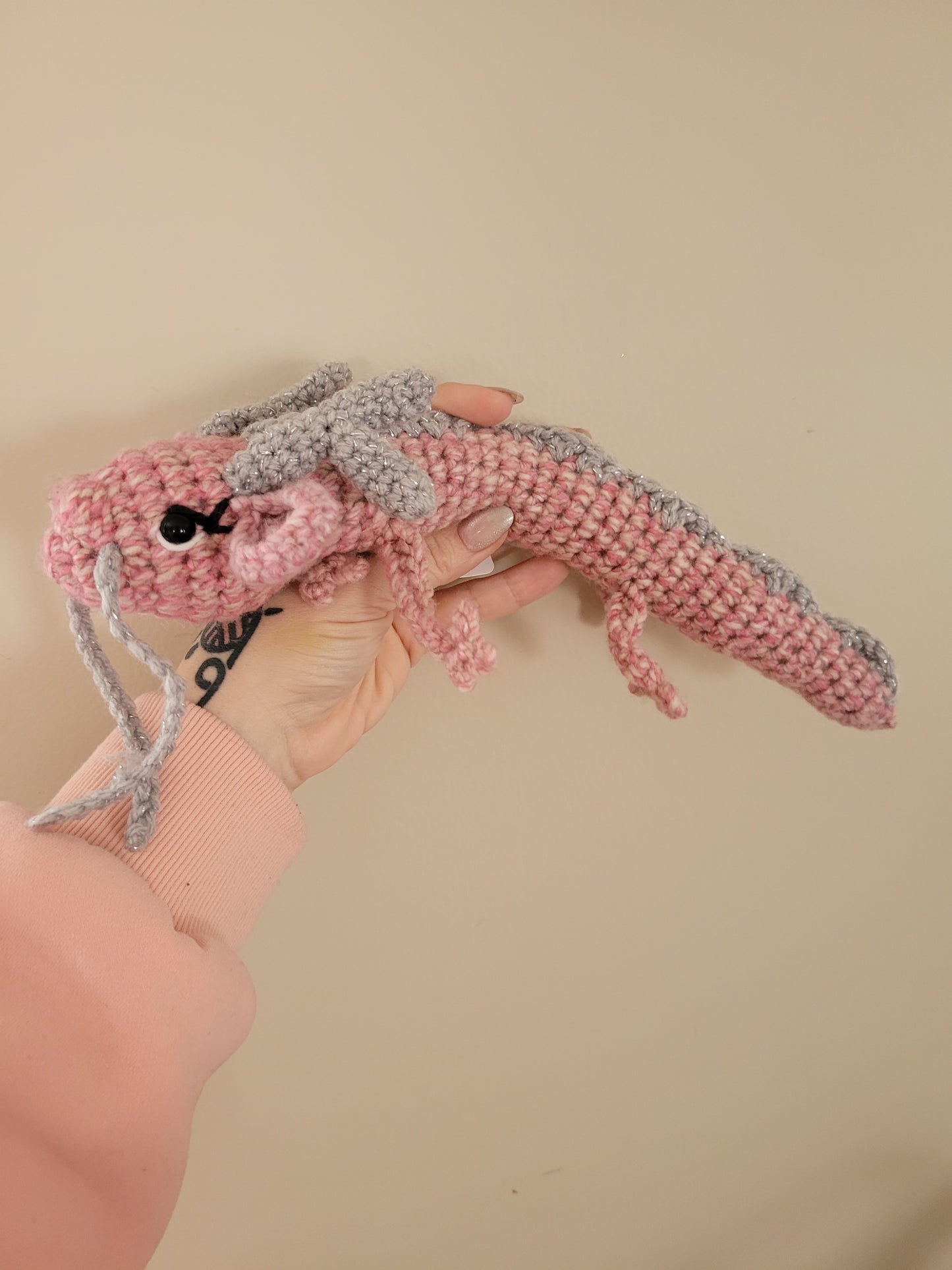 LuvKnotz Small Pink Eastern Baby Dragon Handmade Crochet - Soft Chenille Yarn, Approx. 14" Long, OOAK stuffed animals
