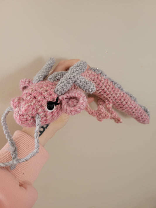 LuvKnotz Small Pink Eastern Baby Dragon Handmade Crochet - Soft Chenille Yarn, Approx. 14" Long, OOAK stuffed animals