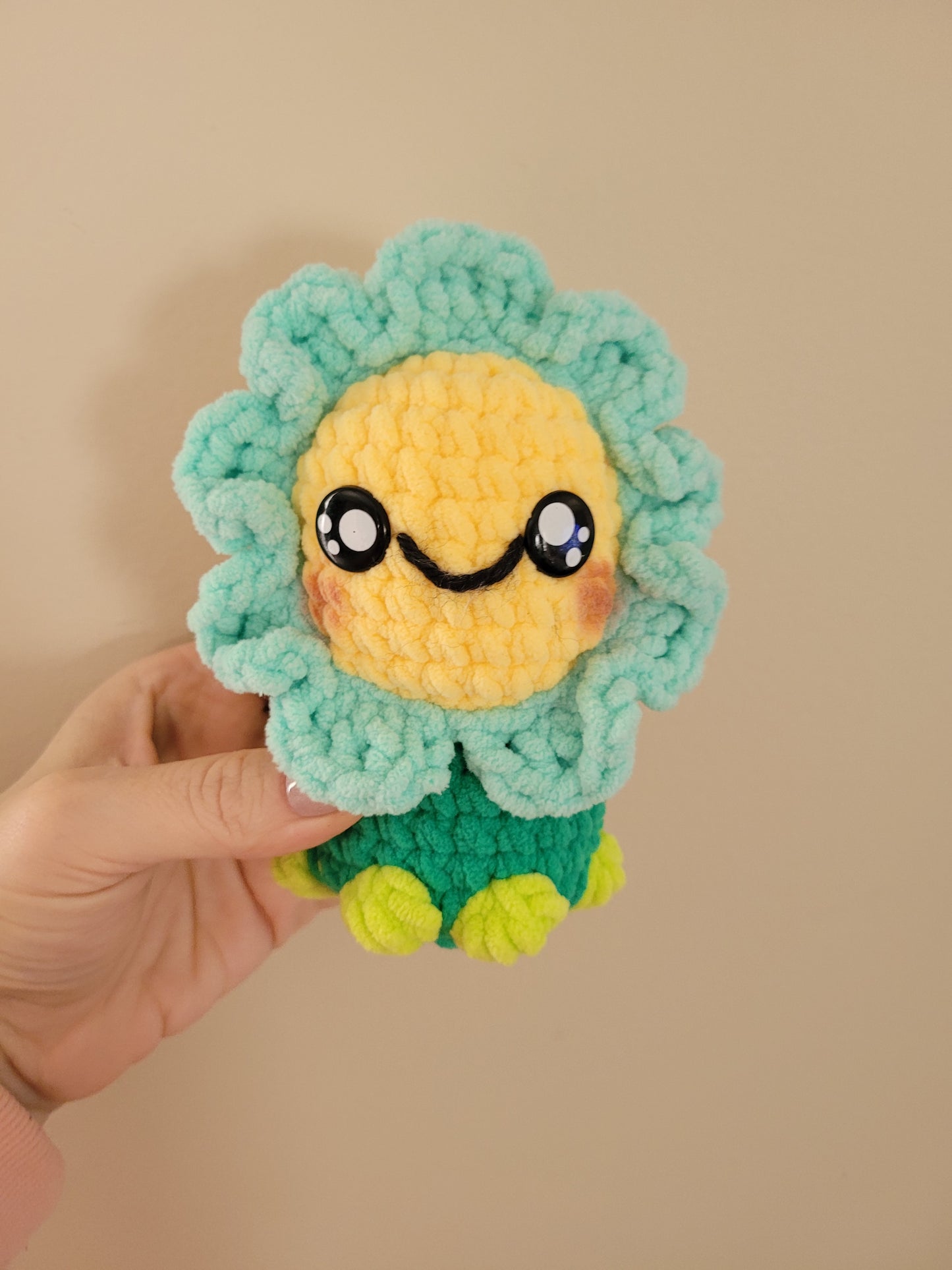LuvKnotz Small Blue Flower Creature Handmade Crochet - Soft Chenille Yarn, Approx. 6" Long, OOAK stuffed animals
