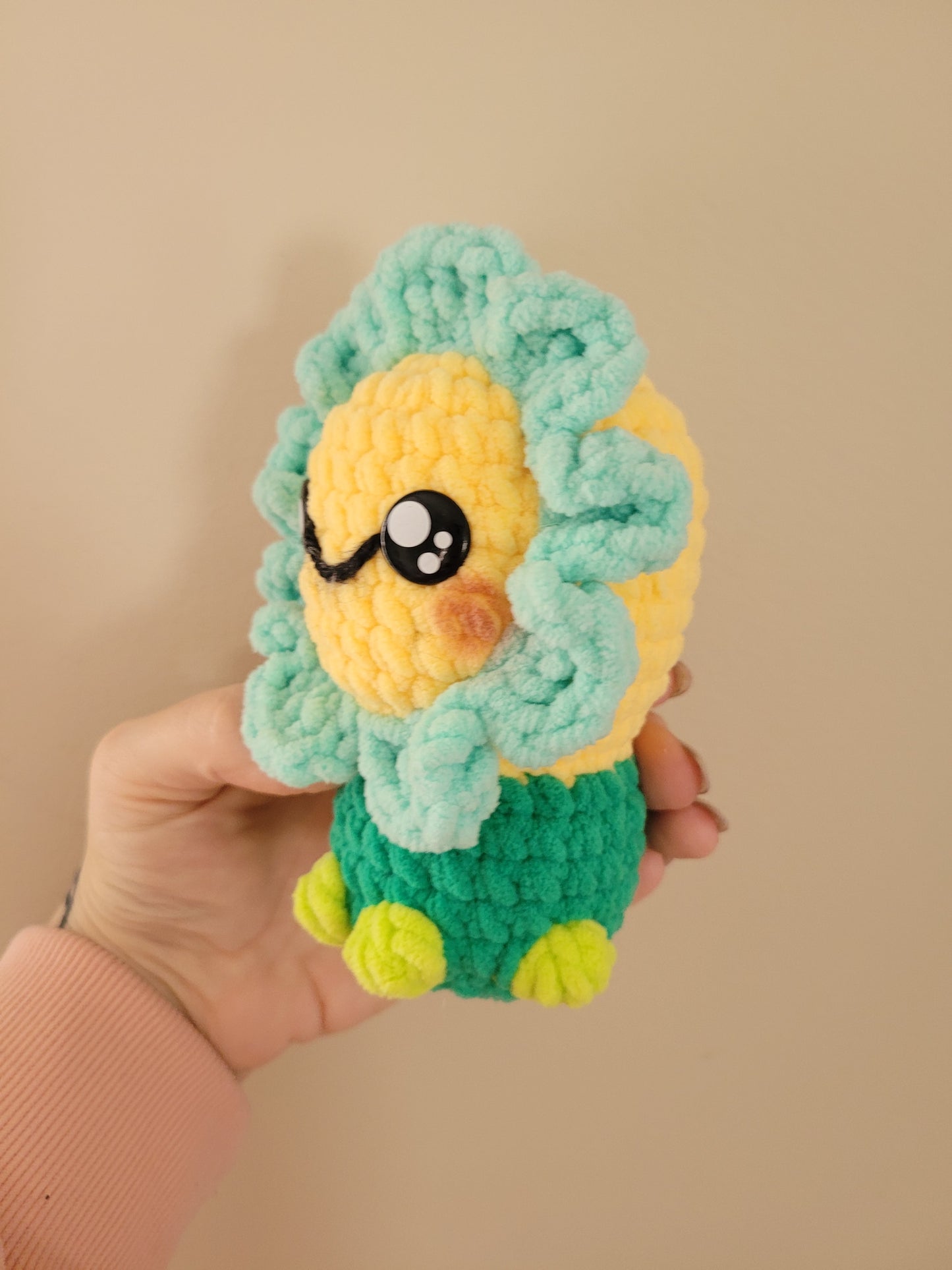 LuvKnotz Small Blue Flower Creature Handmade Crochet - Soft Chenille Yarn, Approx. 6" Long, OOAK stuffed animals