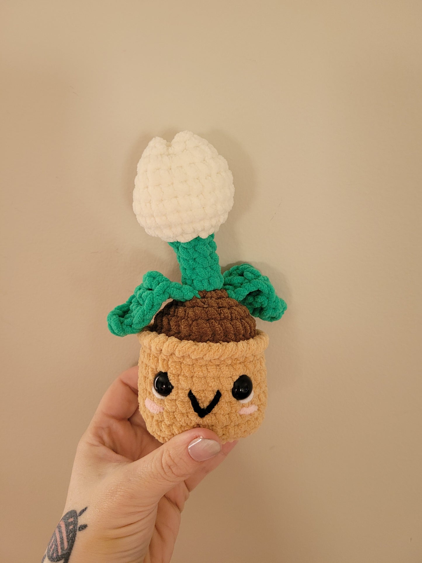 LuvKnotz Small White Tulip Flower Creature Handmade Crochet - Soft Chenille Yarn, Approx. 6" tall, OOAK stuffed animals
