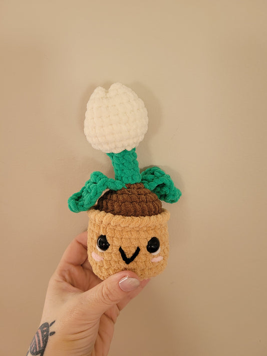 LuvKnotz Small White Tulip Flower Creature Handmade Crochet - Soft Chenille Yarn, Approx. 6" tall, OOAK stuffed animals