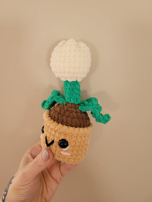 LuvKnotz Small White Tulip Flower Creature Handmade Crochet - Soft Chenille Yarn, Approx. 6" tall, OOAK stuffed animals