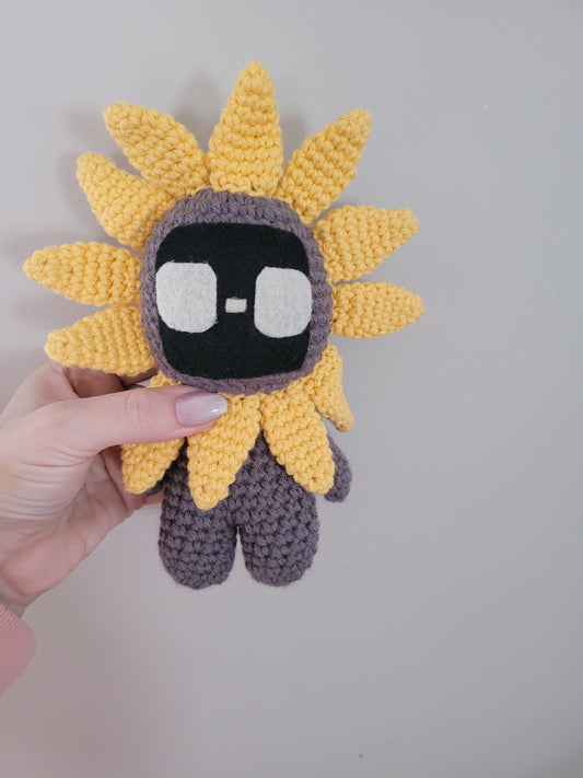 LuvKnotz Small Yellow SunFlower Creature Handmade Crochet - Soft Chenille Yarn, Approx. 8" tall, OOAK stuffed animals