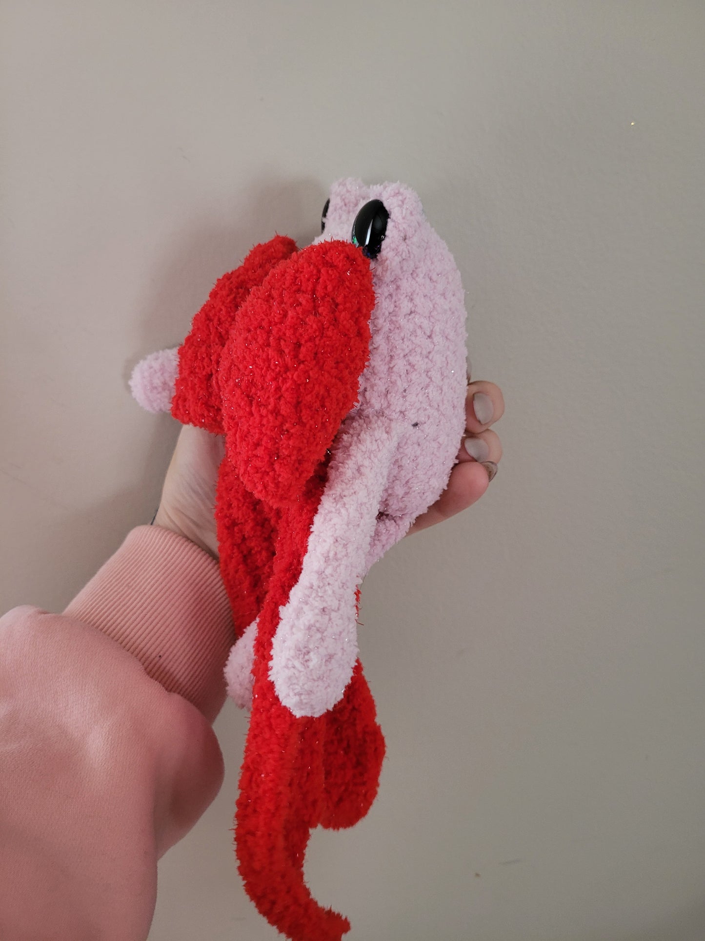 LuvKnotz Medium Pink Fuzzy Frog with Red Bow Handmade Crochet - Soft Chenille Yarn, Approx. 10" Long, Purple Blue Glitter Eyes, OOAK stuffed animals