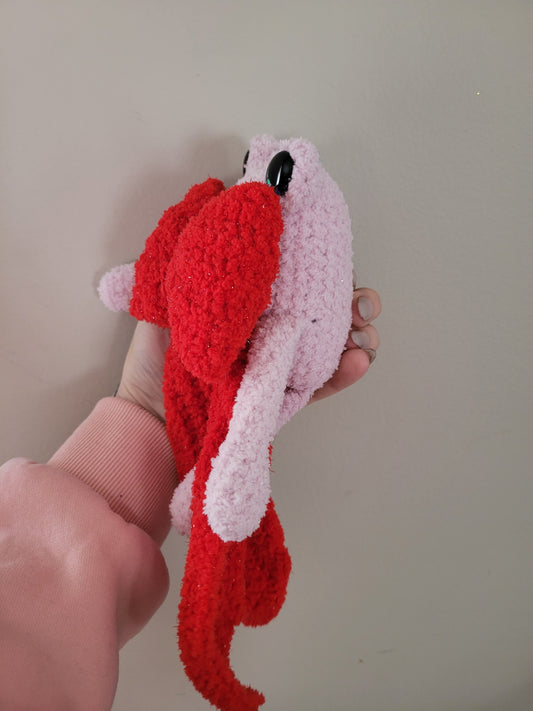 LuvKnotz Medium Pink Fuzzy Frog with Red Bow Handmade Crochet - Soft Chenille Yarn, Approx. 10" Long, Purple Blue Glitter Eyes, OOAK stuffed animals