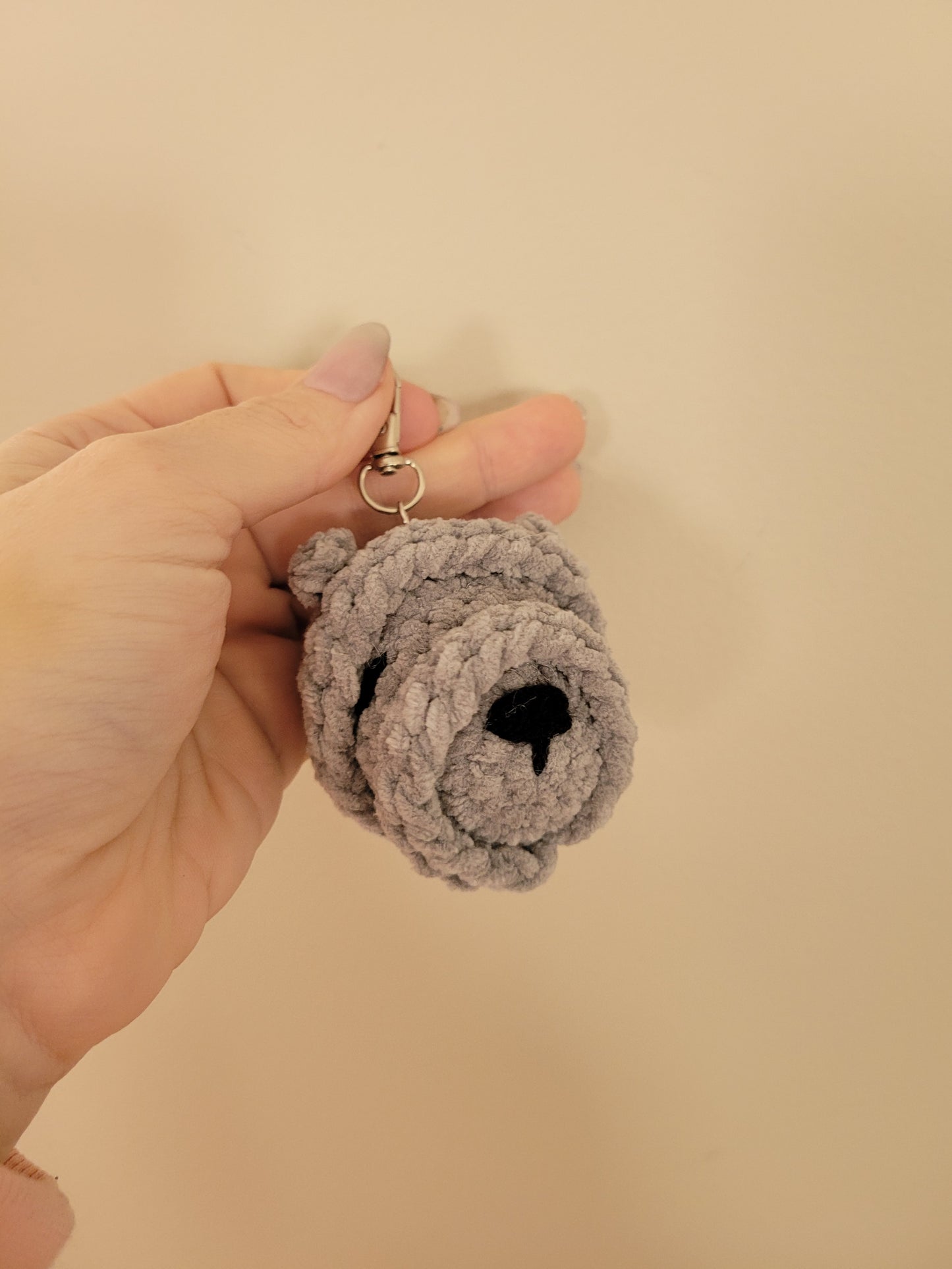LuvKnotz Tiny Grey Keychain Shar Pei Dog Handmade Crochet - Soft Acrylic Yarn, Approx. 2" Long, OOAK stuffed animals