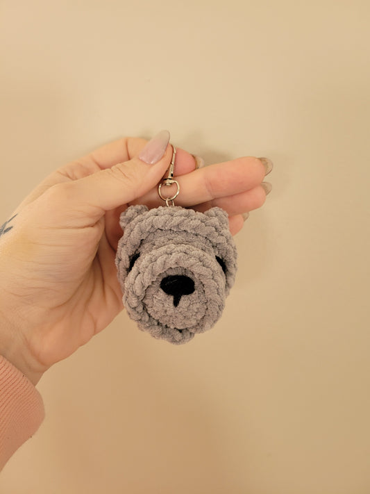 LuvKnotz Tiny Grey Keychain Shar Pei Dog Handmade Crochet - Soft Acrylic Yarn, Approx. 2" Long, OOAK stuffed animals
