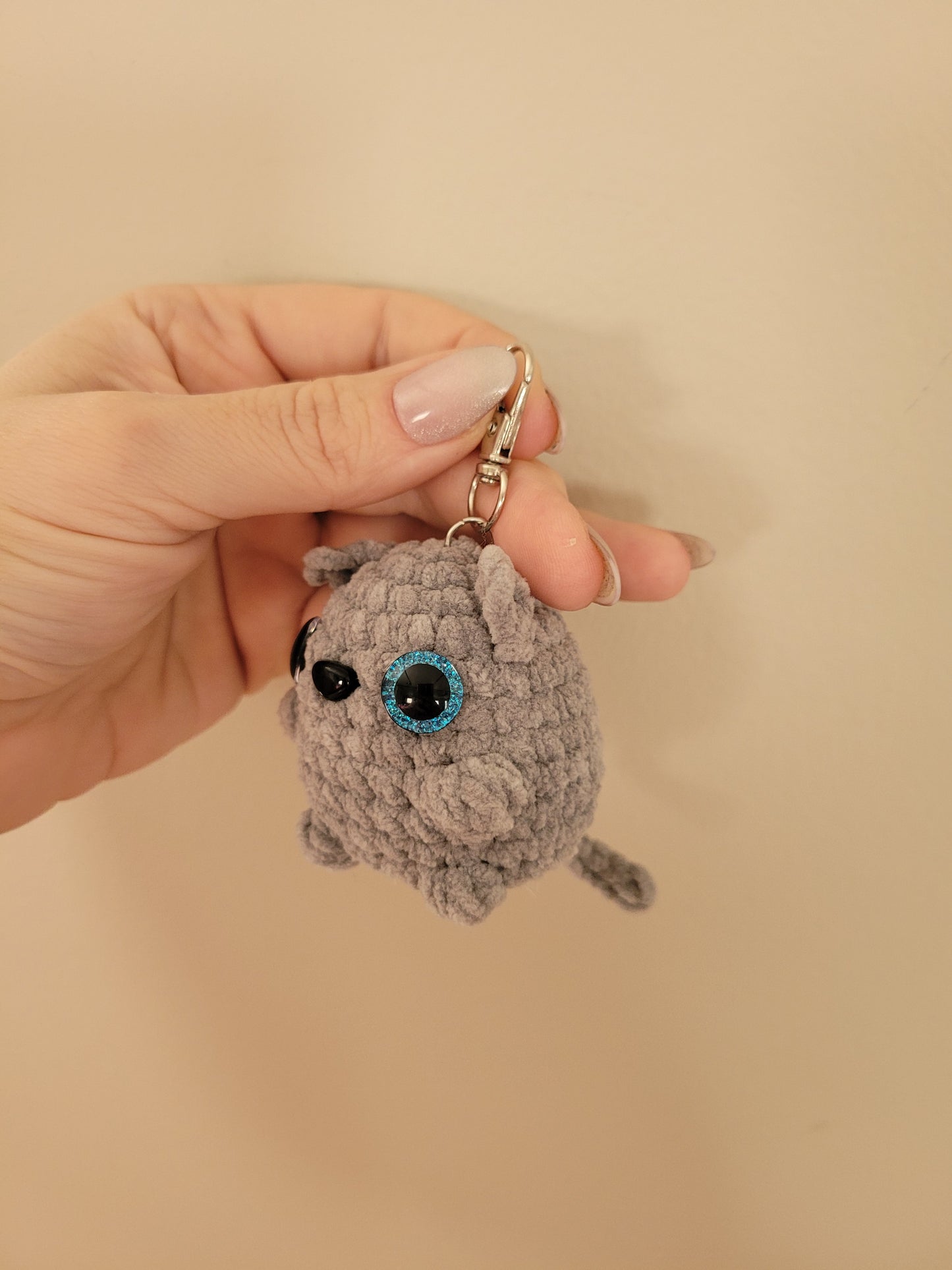 LuvKnotz Tiny White Grey Keychain Cat Kitty Kitten Handmade Crochet - Soft Acrylic Yarn, Approx. 3" Long, OOAK stuffed animals