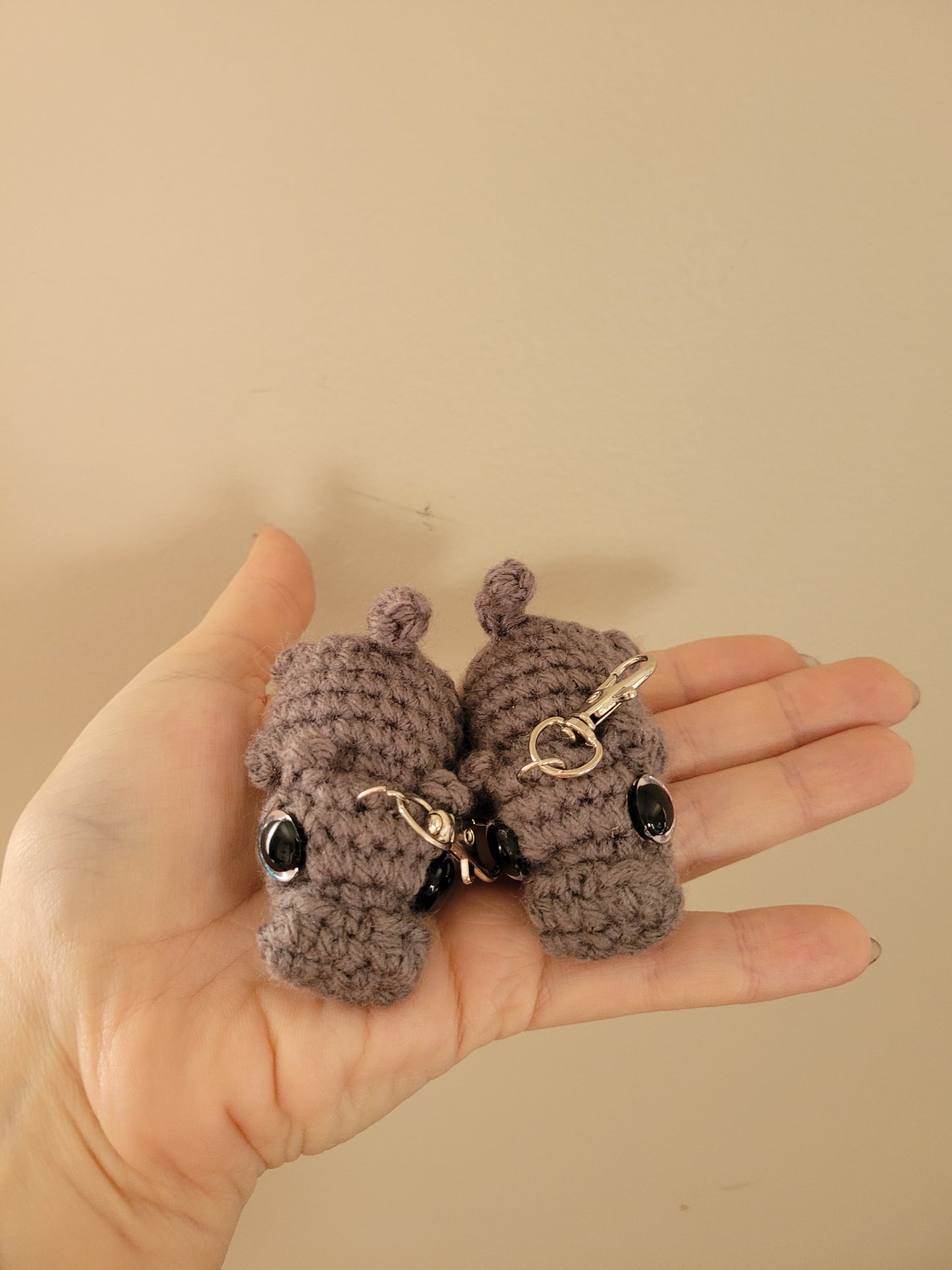 LuvKnotz Tiny Grey Keychain Baby Hippo Handmade Crochet - Soft Acrylic Yarn, Approx. 3" Long, OOAK stuffed animals
