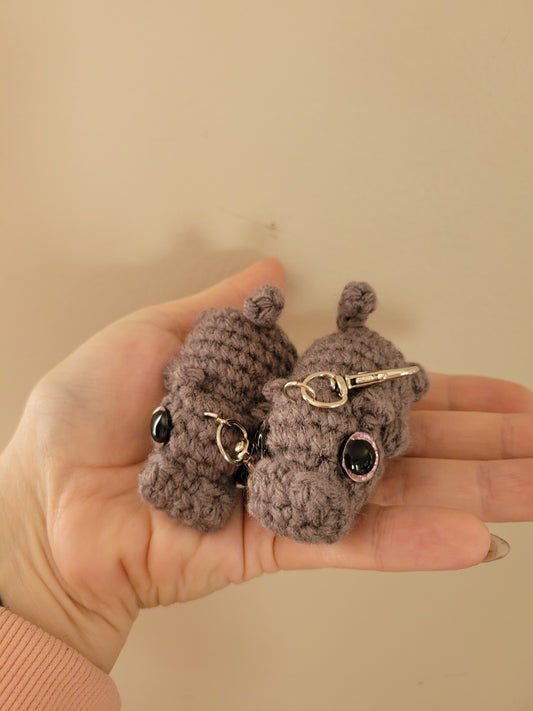 LuvKnotz Tiny Grey Keychain Baby Hippo Handmade Crochet - Soft Acrylic Yarn, Approx. 3" Long, OOAK stuffed animals