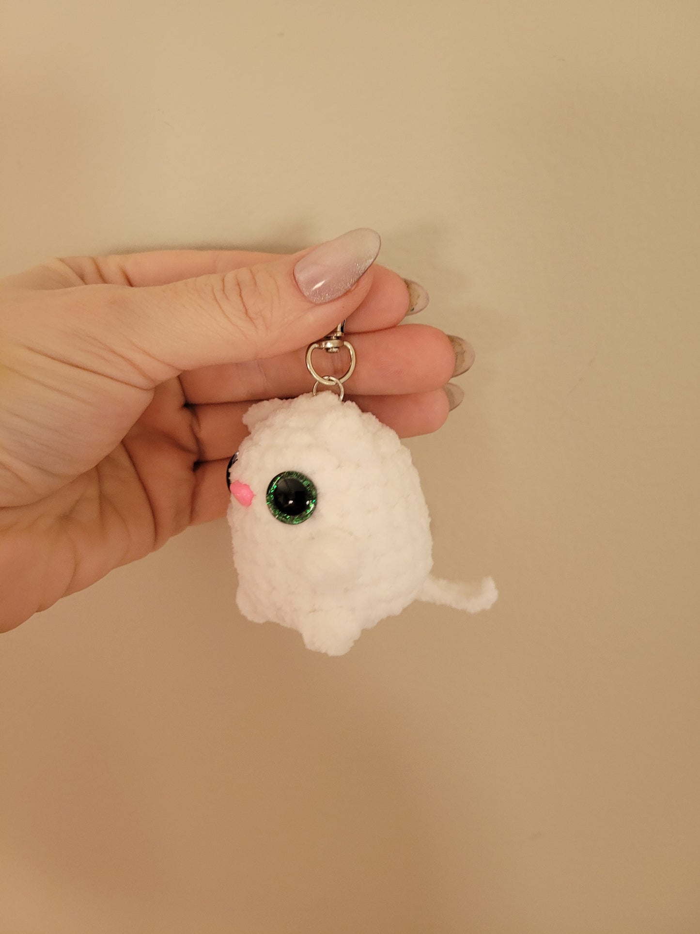 LuvKnotz Tiny White Grey Keychain Cat Kitty Kitten Handmade Crochet - Soft Acrylic Yarn, Approx. 3" Long, OOAK stuffed animals