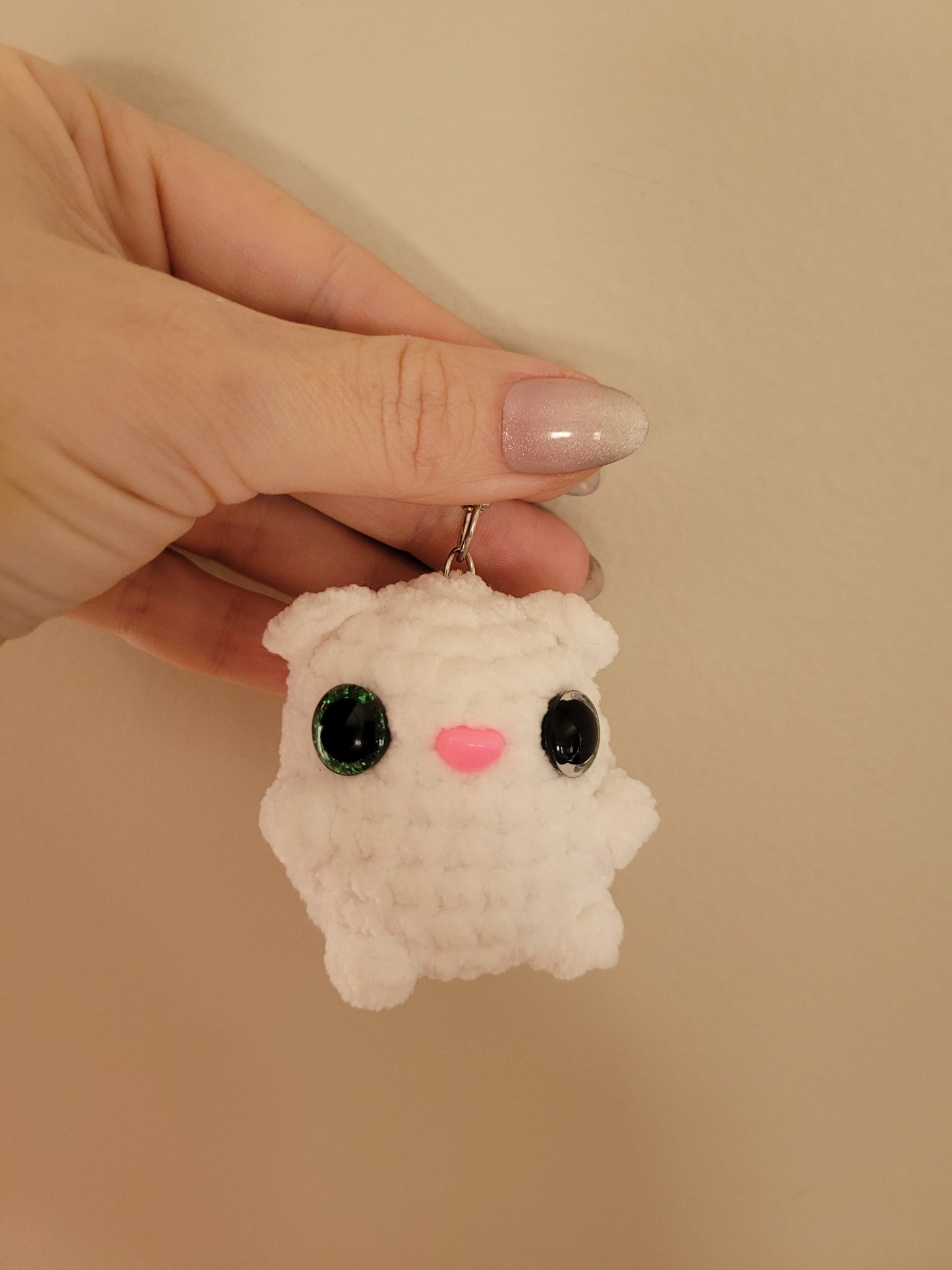 LuvKnotz Tiny White Grey Keychain Cat Kitty Kitten Handmade Crochet - Soft Acrylic Yarn, Approx. 3" Long, OOAK stuffed animals