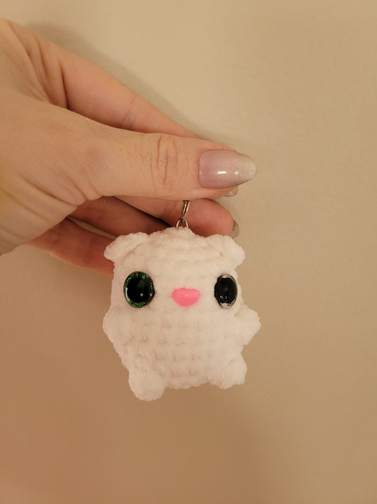 LuvKnotz Tiny White Grey Keychain Cat Kitty Kitten Handmade Crochet - Soft Acrylic Yarn, Approx. 3" Long, OOAK stuffed animals