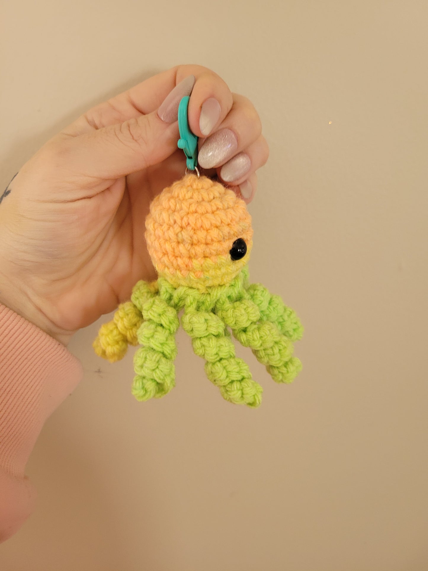 LuvKnotz Tiny Yellow Keychain Baby Octo Handmade Crochet - Soft Acrylic Yarn, Approx. 3" Long, OOAK stuffed animals
