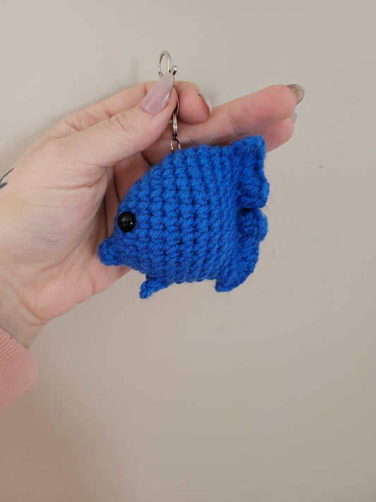 LuvKnotz Tiny Blue Multicolor Keychain Fish Handmade Crochet - Soft Acrylic Yarn, Approx. 3" Long, OOAK stuffed animals