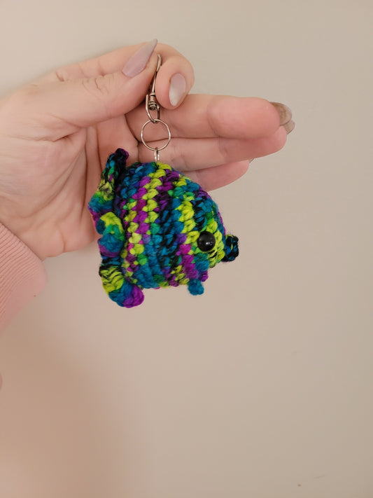 LuvKnotz Tiny Blue Multicolor Keychain Fish Handmade Crochet - Soft Acrylic Yarn, Approx. 3" Long, OOAK stuffed animals