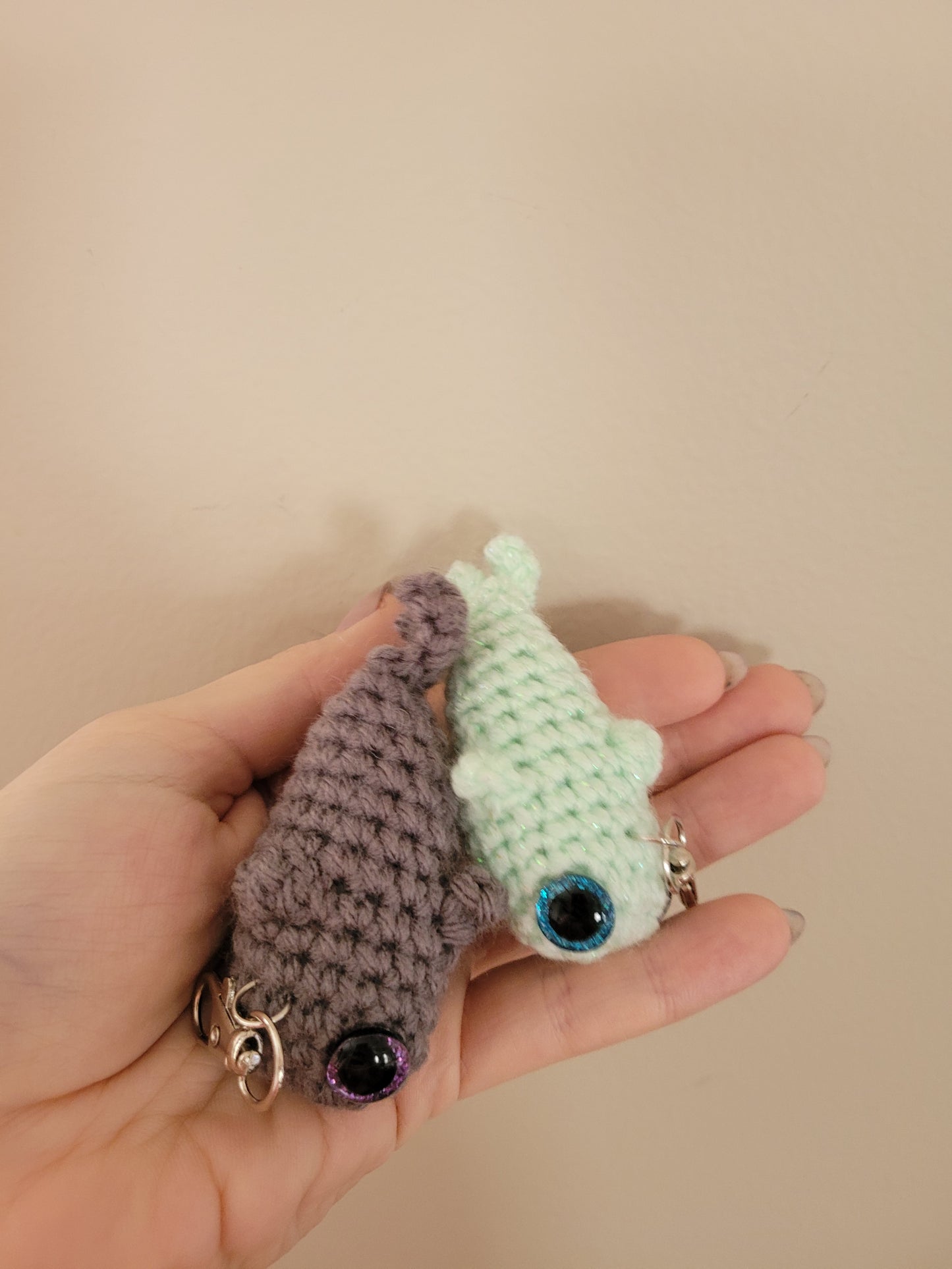 LuvKnotz Tiny Gray Aqua Keychain Shark Handmade Crochet - Soft Acrylic Yarn, Approx. 3" Long, OOAK stuffed animals